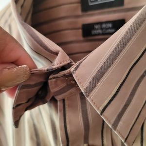 Haggar Striped Dress Shirt Tan Brown